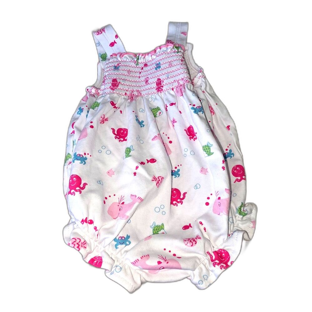 Kissy Kissy Baby Girl Sea Life Smocked Bubble Romper 3-6 Months Pima Cotton Pink